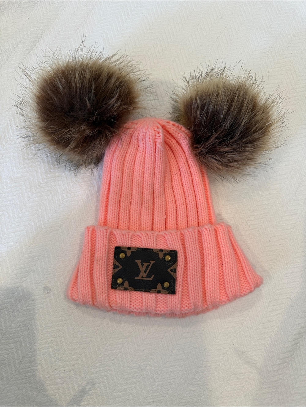 Kids Pink Ribbed Beanie with Twin Faux-Fur Poms